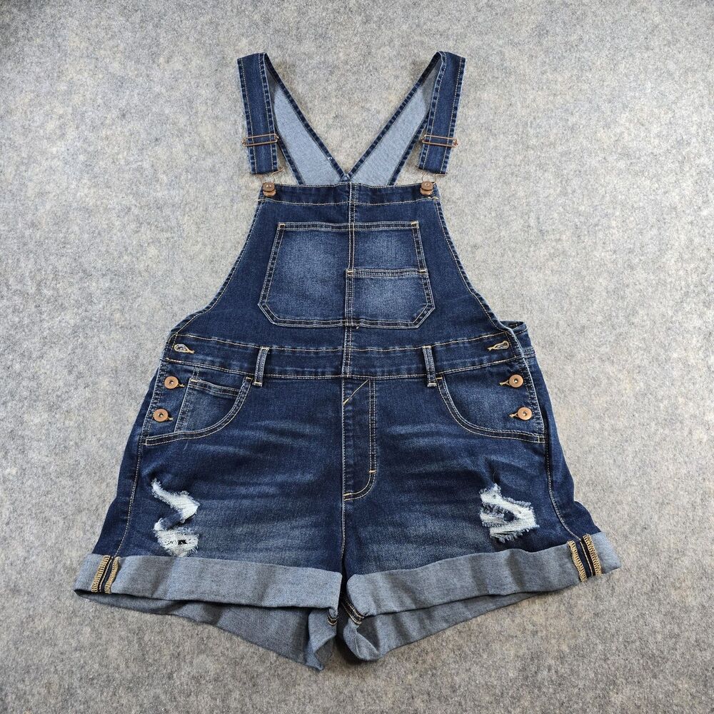 No Boundaries Junior Large 11-13 Dark Blue Denim Distressed Bib Overall Shorts